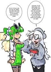 2girls anger_vein angry bimbo bimbofication body_swap book breasts cleavage color colored dialogue duo dyed_hair english english_text female female_only fishnets glasses green_clothing green_dress green_hair green_lipstick grey_clothing holding_book humanized inanimate_insanity kint kinto-bean lipstick long_hair makeup nerd nerdification nerdy_female object_shows salt_(ii) skimpy speech_bubbles sunglasses test_tube_(ii) text thighhighs white_background white_hair