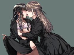 2girls areola_slip black_dress black_hair black_ribbon bra bra_lift breasts brown_hair closed_eyes clothes_lift commentary_request dress french_kiss grabbing grabbing_another's_breast green_background hair_censor hair_ribbon highres kissing large_breasts lifted_by_self long_hair multiple_girls no_panties open_clothes open_dress original pink_bra pussy_juice ribbon simple_background skirt skirt_lift takekawa_shin tongue tongue_out underwear yuri