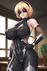 abs ai_generated big_breasts blindfold blonde_hair bodysuit cameltoe cosplay dress_up huge_breasts milf nier:_automata ninja nipple_bulge nipples nipples_visible_through_clothing standing suit taimanin taimanin_(series) taimanin_suit thick_thighs white_hair yorha_2b