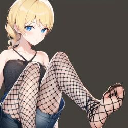 ai_generated blue_eyes clothed fishnet_stockings foot_focus leg_focus light_hair long_hair long_pigtail looking_at_viewer noa-lyhn noa_lyhn pigtail stockings