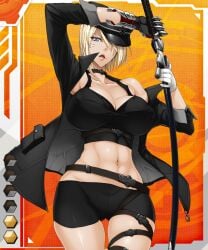 00s abs beret blonde_hair blue_eyes breasts card_(medium) card_(orange-r) card_(r) choker cleavage covered_erect_nipples fei_(maidoll) female female_focus hair_over_one_eye hat kurumi_s._sakazaki large_breasts lilith-soft official_art solo sword tagme taimanin_(series) taimanin_asagi taimanin_asagi_battle_arena taimanin_asagi_battle_arena_all_card_gallery taimanin_asagi_kessen_arena uniform weapon