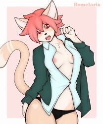 anthro breasts cat_tail clothed clothing digital_media_(artwork) domestic_cat felid feline felis female fur genitals hair hemelarix hi_res keomi_(hemelarix) looking_at_viewer mammal nude open_mouth panties pink_hair red_sclera simple_background solo tail tongue underwear