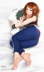 1girls 5_toes ass barefoot big_ass big_breasts body_pillow brown_hair curvaceous curvy easonx feet female female_only foot_fetish izuku_midoriya large_ass large_breasts lying my_hero_academia ochako_uraraka pillow short_hair soles solo solo_female tank_top thick_thighs thighs toes