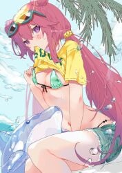 1girls anoko_san beach bikini biting_clothes dolphin_floatie floatie grace_(sound_voltex) medium_breasts micro_bikini official_alternate_costume palm_tree popsicle short_shorts short_sleeves sound_voltex swimsuit t-shirt yellow_t-shirt