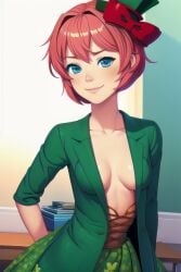 ai_generated blazer blue_eyes blush bow_in_hair coral_pink_hair doki_doki_literature_club female green_coat green_hat green_skirt indoors just_sayori no_bra no_bra_under_clothes pixai red_bow saint_patricks_day sayori_(doki_doki_literature_club) short_hair skirt smile smug solo tophat upper_body