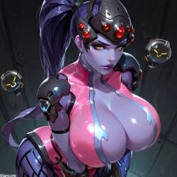 (titancore) adult ai_generated curvy_figure female girl headgear hot_body huge_breasts long_hair overwatch ponytail purple_hair purple_lips purple_skin sexy_body skinsuit video_game_character widowmaker