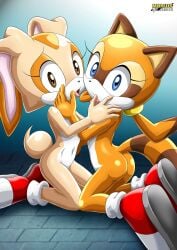 2girls anthro ass bbmbbf blue_eyes brown_eyes cream_the_rabbit cub female female/female female_only lagomorph lesbian looking_at_viewer marine_the_raccoon mobian_(species) mobius_unleashed nude open_mouth palcomix procyonid rabbit raccoon sega shoes sonic_(series) sonic_the_hedgehog_(series) tongue tongue_out young yuri