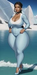 1girls ai_generated avatar_legends avatar_the_last_airbender blue_eyes borednlonely curvaceous curvy dark-skinned_female female high_heels hourglass_figure katara large_breasts realistic thick_legs tight_clothing water_tribe