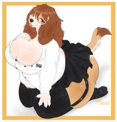 2d 2d_(artwork) anthro belly big_ass big_breasts breasts brown_hair canid canine chubby chubby_female cleavage female furry garter_belt hair_over_one_eye kibblesyourbits purple_eyes seductive simple_background skirt smile stockings thick_thighs tongue_out unbuttoned_shirt wide_hips wink