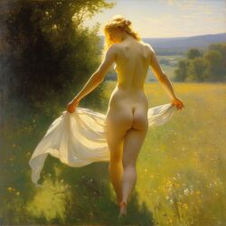 ai_generated ass back back_view big_ass blonde_hair curly_hair curvy field lips long_hair meadow nude presenting realistic small_breasts smile solo sun william_bouguereau