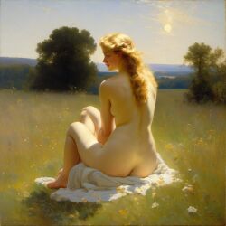 ai_generated ass back back_view big_ass blonde_hair curly_hair curvy field lips long_hair meadow nude presenting realistic small_breasts smile solo sun william_bouguereau