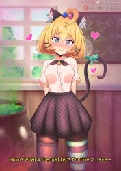 1girls ahoge animal_ears asymmetrical_legwear bell black_skirt blonde_hair blush bow buttons cat_ears cat_girl cat_tail cauldron chalkboard english_text green_eyes hair_between_eyes hair_ornament hair_tie hairclip heart heart-shaped_pupils highres leg_strap looking_at_viewer millie_parfait mizmillificent nijisanji nijisanji_en oerba_yun_fang plaid plaid_skirt ribbon shirt short_hair signature skirt smile solo solo_focus striped_clothes striped_thighhighs symbol-shaped_pupils tail thigh_strap thighhighs thighs tree virtual_youtuber white_shirt window