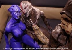 1boy 2girls 3d alien alien_girl aria_t'loak bisexual bisexual_(female) cheap-wazoo comic interspecies krogan mass_effect mff_threesome nyreen_kandros threesome