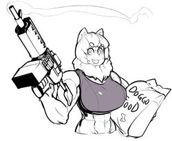 abs animal_ears breasts dog_girl felicia_(krekk0v) female female_only krekk0v large_breasts looking_at_viewer machine_gun monochrome muscles muscular_female solo weapon