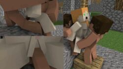 1girls 2boys 3d alex_(minecraft) animated black_hair cubic_breasts gangbang green_eyes herobrine human minecraft red_hair sex shaved_pussy steve_(minecraft) straight