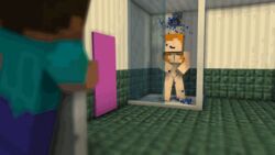 3d alex_(minecraft) animated cubic_breasts herobrine minecraft red_hair shower showering spying towel water