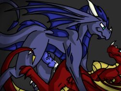 anthro blue_eyes blue_grey_scales blue_scales breasts cel_shading cum dragon fin fur horn lovecatsanddragons membranous_wings penis rawrdragons red_scale scales simple_background spikes spread_legs spreading vein wings yellow_scales