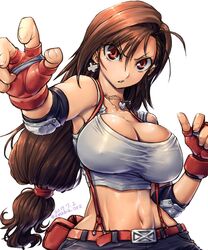 amania_orz armpits breasts brown_hair cleavage earrings elbow_pads female female_only final_fantasy final_fantasy_vii fingerless_gloves gloves jewelry large_breasts long_hair looking_at_viewer low-tied_long_hair midriff pencil_skirt red_eyes shirt simple_background skirt solo stomach suspender_skirt suspenders tank_top tifa_lockhart upper_body