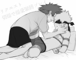 2boys barefoot bed blindfolded blush eijirou_kirishima katsuki_bakugou licking_lips male maneki-neko_(fujifuji) multiple_boys my_hero_academia pillow restrained rope roped sweat tagme tongue underwear undressing yaoi