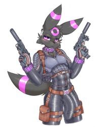 2017 anthro black_fur black_nose blush bulge clothed clothing collar eeveelution fur gun handgun holster keron looking_at_viewer male male_only nintendo penis_outline pistol pokemon pokemon_(species) pouch purple_eyes pvt._keron ranged_weapon shiny simple_background solo standing straps umbreon video_games weapon white_background