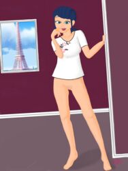 1girls barefoot blue_eyes blue_hair bottomless female finger_to_mouth hdkyle looking_at_viewer marinette_cheng marinette_dupain-cheng miraculous_ladybug pubic_hair pussy twintails white_shirt