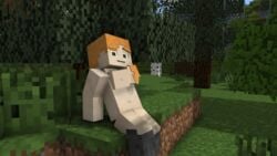 3d accurate_art_style alex_(minecraft) cubic_breasts green_eyes minecraft red_hair shaved_pussy tree