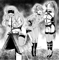 3girls absurdres anna_(fire_emblem) armbinder arms_behind_back arms_tied_behind_back ball_gag blindfold blush bodysuit bondage bondage_outfit bound breasts collar crying crying_with_eyes_open dominatrix drooling earrings erect_nipples eudetenis female_only femdom femsub fire_emblem fire_emblem:_the_blazing_blade florina_(fire_emblem) gag garter_belt garter_straps gloves greyscale grinding high_heel_boots high_heels highres large_breasts latex latex_bodysuit latex_gloves legbinder legs_tied long_hair long_ponytail lyn_(fire_emblem) midriff monochrome multiple_girls multiple_subs naked_footwear naked_heels naked_stockings naked_thighhighs nintendo nipple_bulge nipples nude o-ring_harness pokies ponytail pussy rope rope_between_breasts rope_bondage saliva skin_tight slave smile stockings tears thighhighs tied_up uncensored wooden_horse yuri