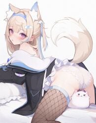 all_fours animal_ear_fluff animal_ears ass bandaid_hair_ornament bed_sheet black_jacket blonde_hair blue_hair blue_hairband blush brown_thighhighs crossed_bangs dog_ears dog_girl dog_tail ear_blush fake_horns female fishnet_thighhighs fishnets fur-trimmed_jacket fur_trim fuwamoco fuwawa_abyssgard hair_ornament hairband hairclip highres hololive hololive_english hololive_english_-advent- horns humanoid jacket koahri lace lace-trimmed_panties lace_trim long_blonde_hair long_hair long_sleeves looking_at_viewer multicolored_hair off_shoulder paid_reward_available panties parted_lips perroccino_(fuwamoco) pillow pink_eyes shy sidelocks simple_background solo streaked_hair tail tail_raised thighhighs two_side_up underwear virtual_youtuber white_background white_panties