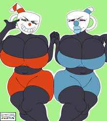 2girls ass_press ass_to_ass bare_arms bare_legs bare_shoulders big_breasts bimbo bimbo_lips bimbofication breast_expansion cuphead cuphead_(game) dark-skinned_female dark_skin female female_focus female_only gender_bender gender_transformation genderswap_(mtf) holding_hands huge_breasts large_breasts lenbasisky lips looking_at_viewer lustful_gaze mugman multiple_girls orange_eyes pink_eyes pointing_at_self rule_63 seductive siblings sisters smile smiling_at_viewer thick_hips thick_thighs wide_hips wide_thighs