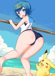 1girls ass ass_focus beach big_ass big_butt bimbo blue_eyes blue_hair bubble_ass bubble_butt butt_focus dat_ass dutch_angle feet female furry huge_ass human lana_(pokemon) large_ass looking_back mob_face nintendo pikachu plump_ass pokémon_(species) pokemon pokemon_sm soles swimsuit thick_ass unholysoul