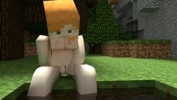 3d alex_(minecraft) breasts cubic_breasts green_eyes masturbation minecraft red_hair tree