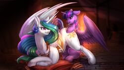 16:9 2017 alicorn cunnilingus cutie_mark david_delanty duo equine eyelashes feathered_wings feathers female female/female female_focus females_only feral friendship_is_magic highres horn indoors long_hair longinius mammal multicolored_hair my_little_pony princess_celestia_(mlp) smile thighhighs tongue tongue_out twilight_sparkle_(mlp) wallpaper wings yuri