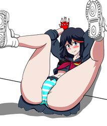 1girls against_wall big_ass black_hair blue_eyes blue_striped_panties blush blushing canon_panties defeated edit female female_only kill_la_kill loose_clothes matoi_ryuuko midriff panties sailor_uniform senketsu shimapan sneakers striped_panties upskirt white_shoes