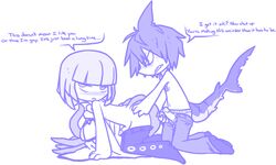 2boys all_fours ass chibi claspers clothed diphallia diphallism from_behind fukami_(wadanohara) funamusea gay girly interspecies long_hair male_only monochrome multi_penis penis penis_out samekichi shark tail tentacle text wadanohara_and_the_great_blue_sea yaoi