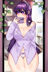 ddlc doki_doki_literature_club markunart mirror mirror_reflection mirror_selfie panties purple_eyes purple_hair showing_panties yuri_(doki_doki_literature_club)