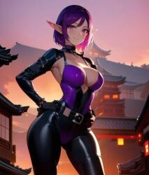 ai_generated big_breasts bodysuit elf_ears elf_female elf_girl hands_on_hips medium_breasts paladins paladins_champions_of_the_realm purple_eyes purple_hair seductive_look skye_(paladins) wide_hips