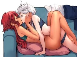 2girls barefoot bra bra_lift breasts canon_couple couch feet female/female female_on_female girl_on_girl grey_hair gundam gundam_suisei_no_majo implied_futanari implied_tribadism jewelry kissing leg_lock lesbian lesbian_kiss lesbian_marriage miorine_rembran missionary_position missionary_tribadism mitsu_(tendou_itsuki) multiple_girls panties panty_pull pillow red_hair ring short_eyebrows sports_bra suletta_mercury sweat thick_eyebrows toes tribadism underwear unworn_clothes wedding_ring wholesome wife_and_wife yuri yuri_wedding