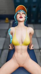 athletic_female blue_hair cap comet_(fortnite) cross-eyed fortnite kohirokai pussy red_lipstick spread_legs tattoo yellow_bra