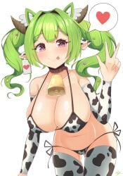 1girls :p animal_print bare_shoulders bikini blush breasts cleavage collar collarbone cow_print cow_print_bikini cow_print_sleeves cow_print_thighhighs cowbell curvy green_hair hair_between_eyes hair_ornament heart highres horns ichika_maia indie_virtual_youtuber large_breasts medium_hair mizmillificent navel pink_eyes pointy_ears print_bikini print_thighhighs signature smile string_bikini swimsuit thighhighs thighs tongue tongue_out twintails virtual_youtuber