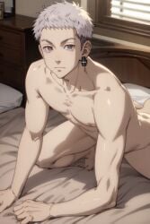 1boy abs ai_generated anime anime_style calm crawling cute earrings grey_eyes grey_hair hiding_dick looking_at_viewer male male_focus male_only mitsuya_takashi muscular muscular_male necklace on_bed on_fours pale-skinned_male pale_skin solo solo_focus solo_male takashi_mitsuya tokyo_revengers white_eyes white_hair