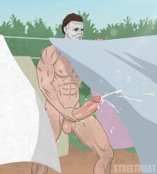 1boy balls bara big_balls big_penis cum cum_drip cum_dripping_from_penis erection genital_fluids halloween halloween_(series) male male_focus male_nipples male_only masturbation michael_myers muscular_male nipples nude orgasm penis solo_male streetmeat