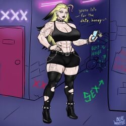 alley ass big_ass big_breasts black_lipstick blonde_hair blue_eyes blue_waffle boku_no_hero_academia breasts cameltoe cathleen_bate chains female girl goth goth_girl gothic graffiti hero hero_outfit_(mha) heroine high_heel_boots high_heels high_socks muscles muscular muscular_female my_hero_academia necklace neon_lights night nipples park public solo_female star_and_stripe_(my_hero_academia) superheroine tattoo tattoos thick_thighs thighs