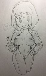 blush breasts clothed eyebrows fallout itimu jumpsuit large_breasts mob_face monochrome navel nipples puffy_nipples short_hair sketch smile sweat tits vault_girl vault_meat vault_suit