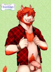 1boy 5_fingers anthro balls bastion bear blue_eyes boar body_hair bottomless clothed clothing facial_hair foreskin fur hair half-erect happy_trail male male_only mammal open_shirt orange_fur orange_hair penis porcine pubes simple_background solo standing tusks uncut white_fur