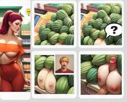 1boy 1girls ai_generated big_breasts big_penis bubble_speech cleavage comic_strip female fruits mobo4 paizuri public public_sex red_hair shocked stable_diffusion supermarket