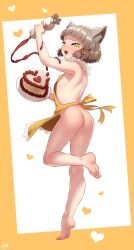 :d absurdres animal_ear_fluff animal_ears apron arm_up armpits ass back barefoot born-to-die breasts brown_hair cake cat_ears cat_girl english_commentary feet female food full_body heart highres holding holding_food kneepits leg_up looking_at_viewer looking_back naked_apron nia nia_(xenoblade) nude oerba_yun_fang open_mouth short_hair small_breasts smile soles solo tiptoes toes two-tone_background valentine white_background xenoblade_chronicles_(series) xenoblade_chronicles_2 yellow_apron yellow_background yellow_eyes