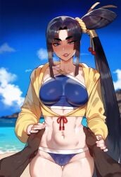 1boy 1girls abs ai_generated black_hair blue_eyes breasts dark-skinned_male dark_skin fate/grand_order fate_(series) female floox high_resolution light-skinned_female light_skin long_hair male male_pov medium_breasts pov swimsuit thiccwithaq_(ai_style) thick_thighs toned ushiwakamaru_(fate/grand_order) ushiwakamaru_(swimsuit_assassin)_(fate)