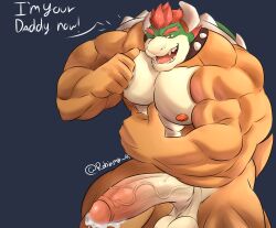 anthro anthro_only balls ballsack bara bara_tits big_penis bowser collar gay huge_cock koopa male_only mario_(series) muscular muscular_anthro muscular_arms muscular_male nintendo nipples open_mouth penis precum robinmg_45 shell smile tongue vein veiny_penis