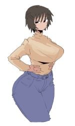 1girl 1girls 2d 2d_(artwork) 2d_artwork azumanga_daiou belt_loop big_ass big_breasts big_butt black_eyes blue_jeans bra bra_visible_through_clothes brown_hair clothed clothed_female clothing color colored_sketch dark-skinned_female dark_eyes eyebrows_visible_through_hair female female_focus female_only hands_on_waist jeans kagura_(azumanga_daiou) leebongchun long_breasts long_sleeves looking_at_viewer nice_ass no_nude pants pursed_lips shirt short_hair sketch small_waist sweater tan_shirt thick_thighs thin_eyebrows thin_neck thin_waist tiny_waist turtleneck turtleneck_sweater white_background wide_hips wrinkled_fabric