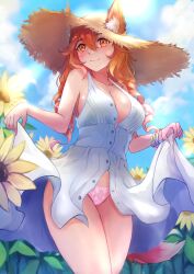 flashing flowers fox_ears fox_girl kits'adria lexie_hendrix nat19 orange_eyes orange_hair outdoors pink_panties sunhat vestige_of_ophiuchus white_dress